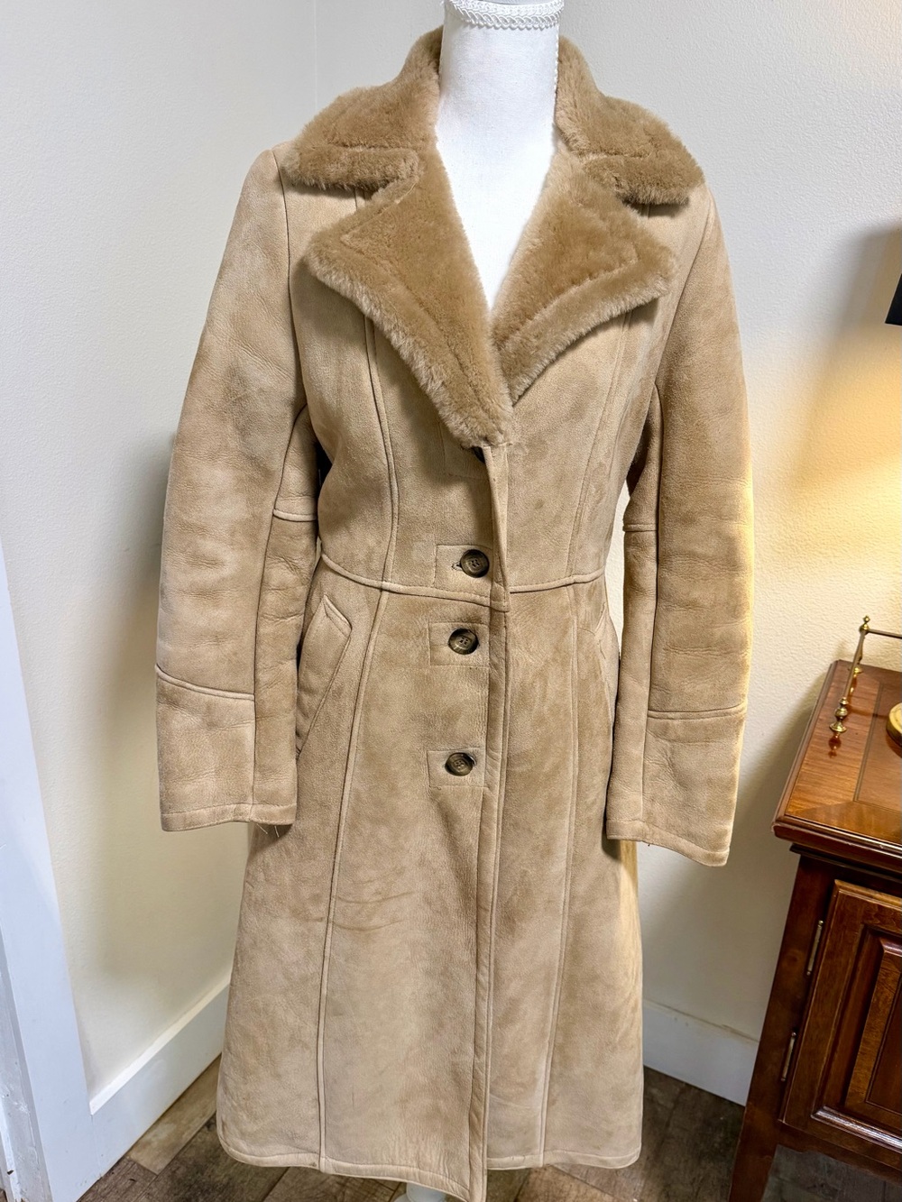 Vintage Beige Rabbit ๐ Fur Suede Shearling Leather Long Coat Warm Expensive Tan